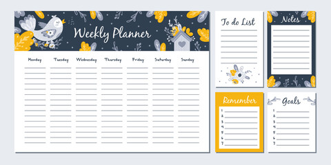 Wall Mural - Weekly planner with cute birds. Vector