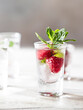 Raspberry vodka glass shot with fruit inside. Fresh summer shots for party. Berries in alcohol glass. Glass of sparkling water.