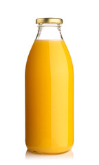 Front view of orange juice glass bottle isolated on white