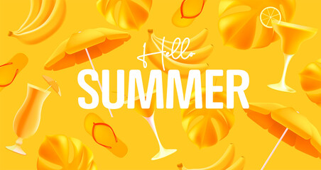 Hellow summer yellow mono color poster with yellow object like cocktails, sun unbrella and palm leaves with flop flops. 3d graphic