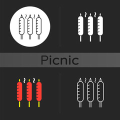 Poster - Grilled sausages dark theme icon. Summer side dishes. Meat product for barbecue. Frying. Sear-roasting on grill. Linear white, simple glyph and RGB color styles. Isolated vector illustrations