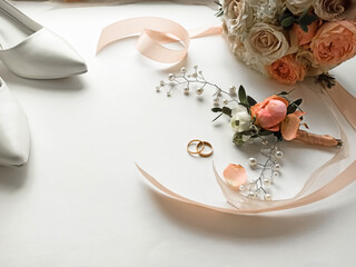 Pink flowers, pearl jewelry and two gold wedding rings on a white background. Wedding concept. Isolated