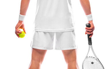 Wall Mural - Tennis player with racket in white costume. Man athlete playing isolated on light background. Closeup photo.