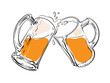 Sketch of two toasting beer mugs. Cheers. Hand drawn vector illustration isolated on white background.