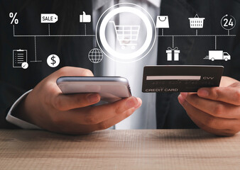 shopping online with credit card, e-commerce, internet banking, spending money concept. Business man hold credit card and using smartphone with cart, discounted price, delivery, 24 hours service icon.