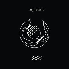 aquarius horoscope symbol in twelve zodiac constellation. a flat line zodiac icons isolated on black background. astrology and mythology collection in vector.