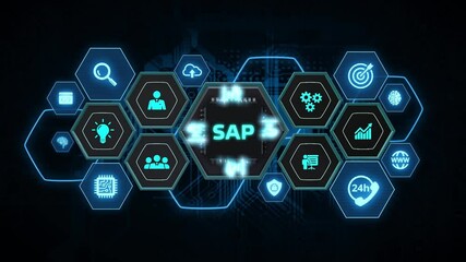 SAP System Software Automation concept on virtual screen data center. Business, modern technology, internet and networking concept.