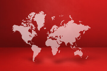 Wall Mural - World map on red wall background. 3D illustration