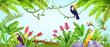 © Oleksandra - Summer jungle frame, tropical nature bird background, parrot, toucan, banana and palm leaves, liana. Paradise wildlife Hawaii exotic illustration, Amazon environment landscape. Jungle frame with stone
