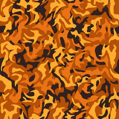 Camouflage background in vividly fiery colors. Camo hot flame pattern clothing. Yellow and orange red colors, seamless texture. Stock vector