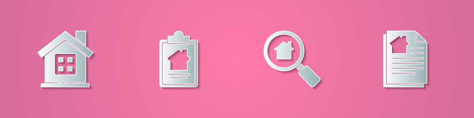 Sticker - Set paper cut House, contract, Search house and icon. Paper art style. Vector