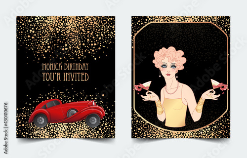 Art Deco vintage invitation template design with illustration of a red