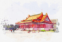 Watercolor Drawing Picture Of National Theater And Concert Hall At Famous Landmark At Taipei Taiwan.