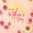 Square background with flat lay of zinnia flower blooms on light pink pastel texture with Happy Mother's day text for holiday graphic card.