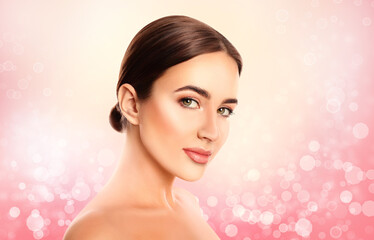 Wall Mural - Beautiful young woman with silky skin on light background. Spa portrait