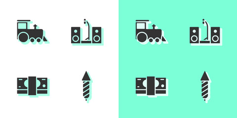 Sticker - Set Firework rocket, Toy train, Stacks paper money cash and Home stereo with two speakers icon. Vector