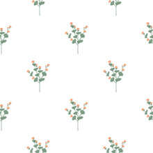 Isolated Seamless Pattern With Green Leaves And Orange Wildflowers Shapes. White Background.