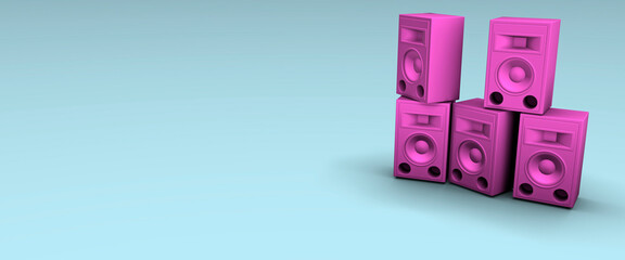 Five concert speakers stacked on top of each other 3d render