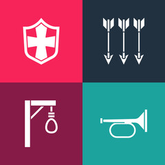 Wall Mural - Set pop art Trumpet, Gallows, Crossed arrows and Shield icon. Vector