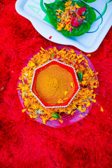 Wall Mural - Traditional wedding ceremony in Hinduism: Turmeric in plate for haldi ceremony