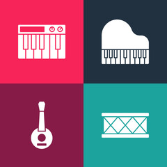 Wall Mural - Set pop art Drum, Banjo, Grand piano and Music synthesizer icon. Vector