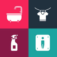 Canvas Print - Set pop art Male toilet, Cleaning spray bottle, Drying clothes and Bathtub icon. Vector