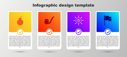 Poster - Set Bomb ready to explode, Smoking pipe, Ship steering wheel and Pirate flag. Business infographic template. Vector