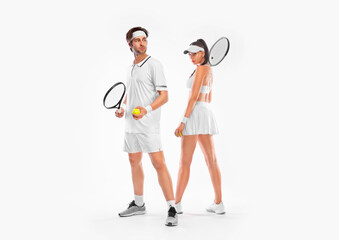 Tennis mixed doubles match. Couple of two tennis players with racket in white costume. Man and woman athlete playing isolated on light background.