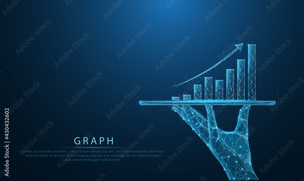 Low poly wireframe of Business holding tablet and showing holographic graphs and stock market statistics gain profits in form of line, dot, and polygon. Concept of growth planning and strategy. - obrazy, fototapety, plakaty 