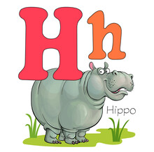 Vector Illustration. Alphabet With Animals. Large Capital Letter H With A Picture Of A Bright, Cute Hippopotamus.
