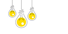 Idea Light Bulbs Icons. Lamp Silhouette Isolated On White Background. Continuous Line Lightbulbs With Yellow Light. Creative Idea Sketch Background. Handdrawn Electric Bulb. Minimalistic Vector