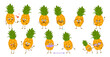 Set of cute pineapple characters with emotions, faces, arms and legs. Happy or sad heroes, exotic fruits play, fall in love, keep their distance with a mask, with a smile or tears