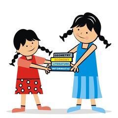 Wall Mural - Girls carrying books, cute vector illustration