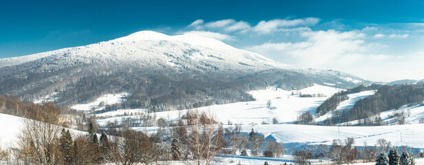 Poster - Wide Panoramic Imge of Bieszczady Mountains in Poland at Snowy Winter Season. Snow Covered Wetlina Polonina Peaks