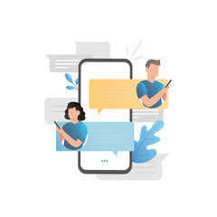 Vector people, friends, acquaintances communicate on Internet, on social networks, messengers in smartphone. Correspondence in messages by e-mail, sms. Virtual online dialogue, acquaintance.