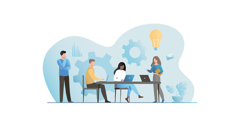Office people work in team on laptops, write code, scripts, design, create new website, fix bugs, test. Programmers develop application, software. Optimization of seo project, ideas on Internet.