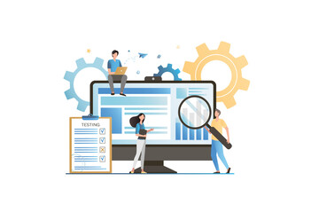 Vecton programmers look for errors on websites, in browser. Setting up on Internet. SEO optimization. People with magnifying glass are working in laptop, computer, testing system. Teamwork on project.