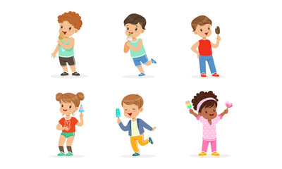 Sticker - Joyful Boy and Girl Character Holding Fruity Ice Cream on Stick Vector Set