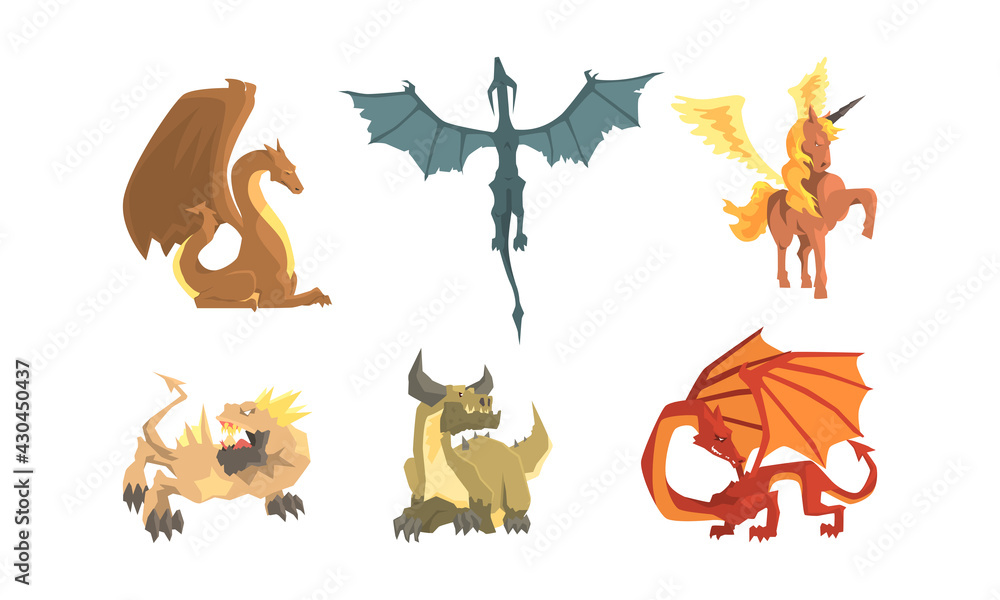 Fantastic Creatures with Fire Breathing Dragon and Pegasus Vector Set - obrazy, fototapety, plakaty 