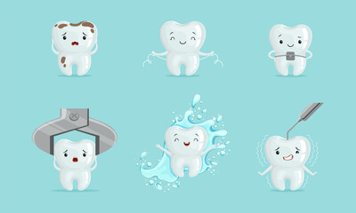 Wall Mural - Cute White Tooth Character with Brace and Splashing in Water Vector Set