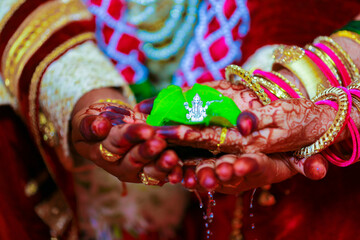 Poster - Traditional indian wedding ceremony, groom and bride hand