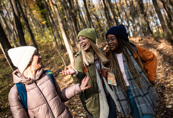 Wall Mural - Three female friends having fun and enjoying hiking in forest.