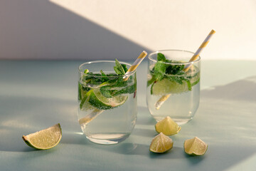 two mojito drinks with straw on blue table, slices of lime. cold refreshing drinks