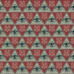 Wall Mural - Geometric seamless pattern with an All-seeing eye and old crossed keys on a burgundy backdrop. Hand-drawn vector background with a third eye inside a triangular pyramid. Sacred symbol of Omniscience