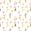 © LanaSham - Seamless pattern with celebrating people flying on colorful birthday balloons . Hand drawn concept for party and celebration. Cartoon flat vector with little people.