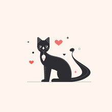 A Black Cat Has Caught A White Mouse And Holds It In Its Teeth By The Tail. Vector Illustration For Banner, Sticker, Greeting Card, Animal Products. Flat Design..