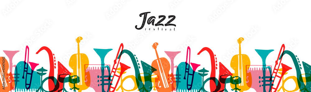 Jazz music instrument doodle cartoon banner - obrazy, fototapety, plakaty 