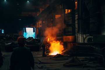 Wall Mural - Worker in blast furnace factory interior. Metal casting process in metallurgical plant.