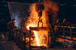 Pouring bright liquid iron or metal with sparks into container in steel mill or workshop blast furnace foundry. Metal casting process in metallurgical plant.