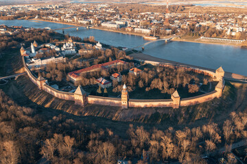 Veliky Novgorod, Kremlin in historical center, ancient city landmark and tourist famous place, aerial view from drone.